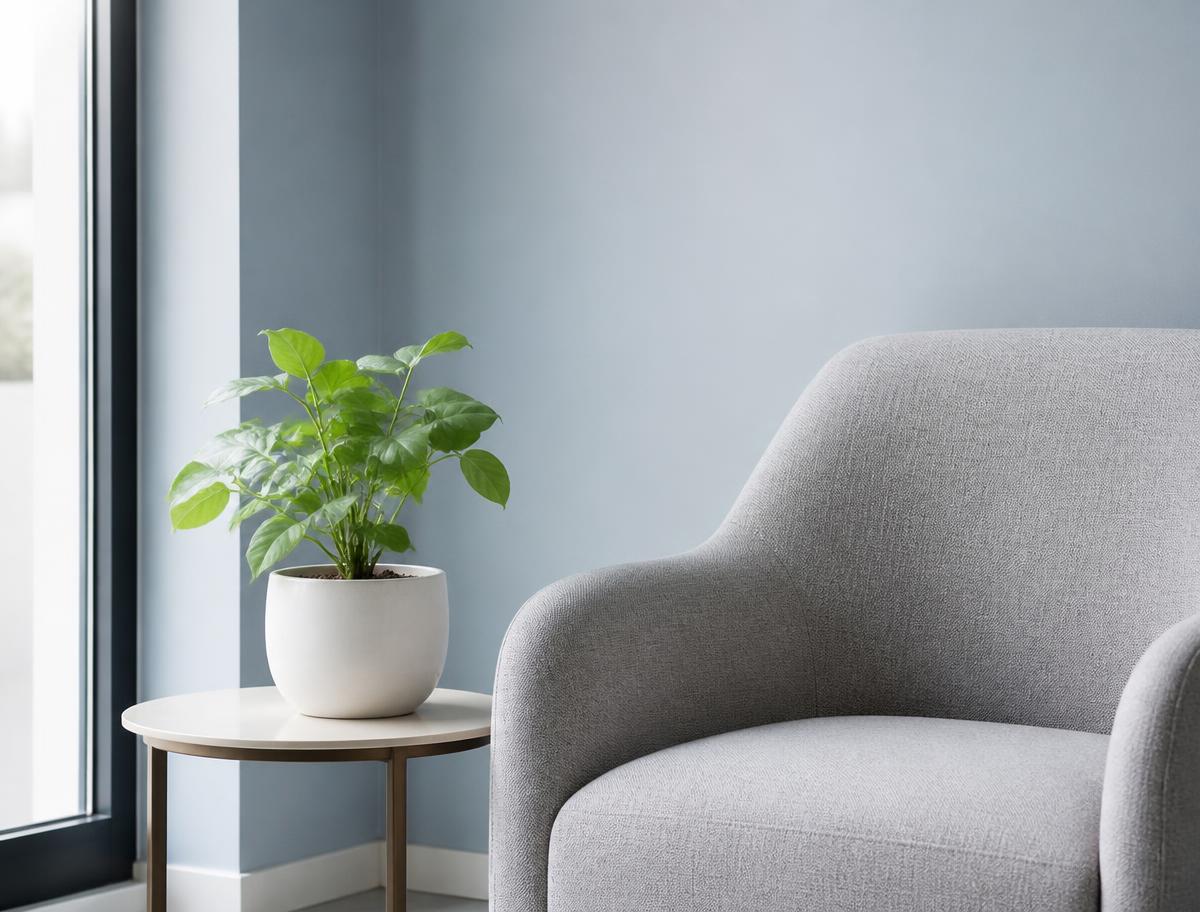 Detalhe da sala de espera com poltrona cinza e planta sobre mesa lateral